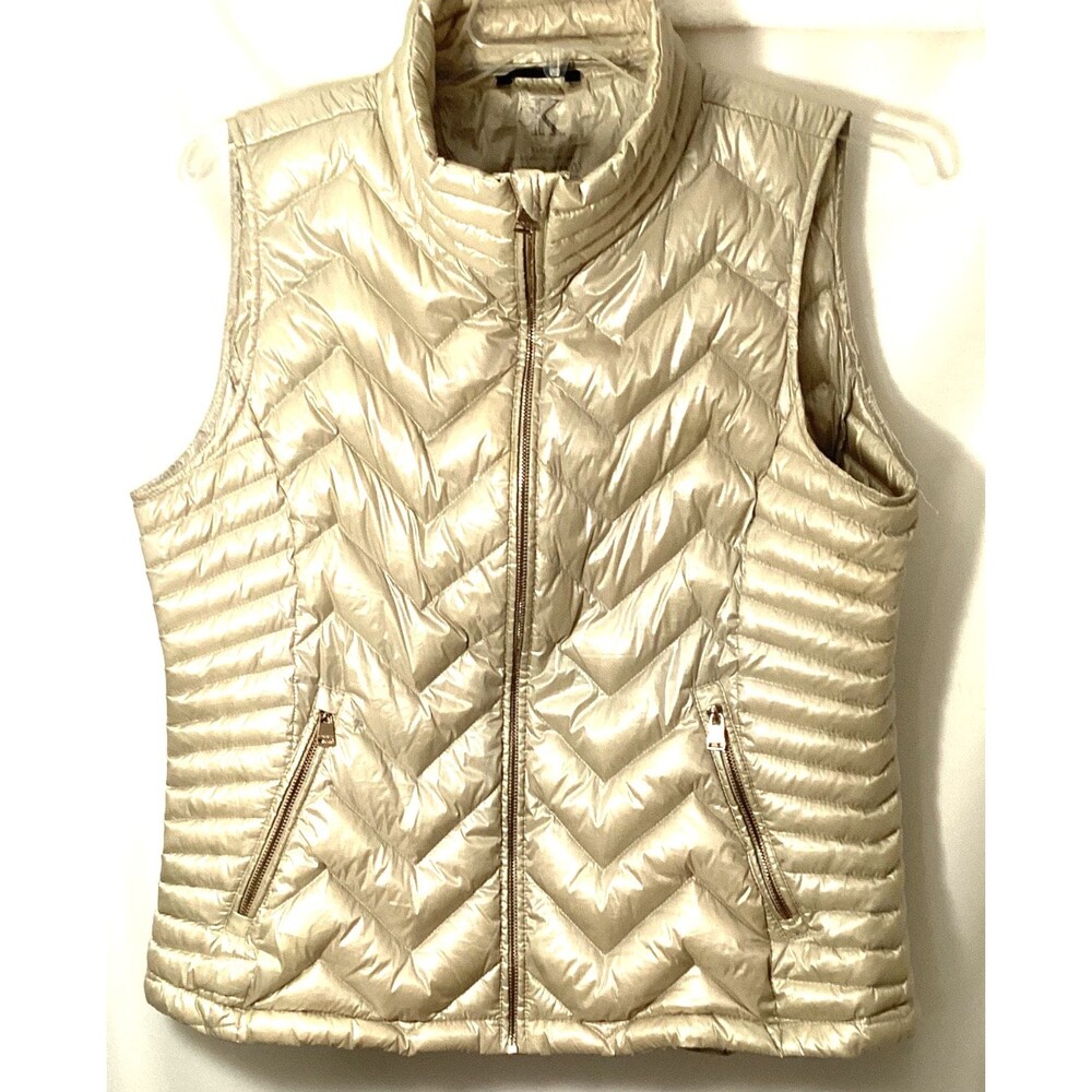 Calvin Klein Womens L Large Metallic Champagne Gold Puffer Vest Headphone